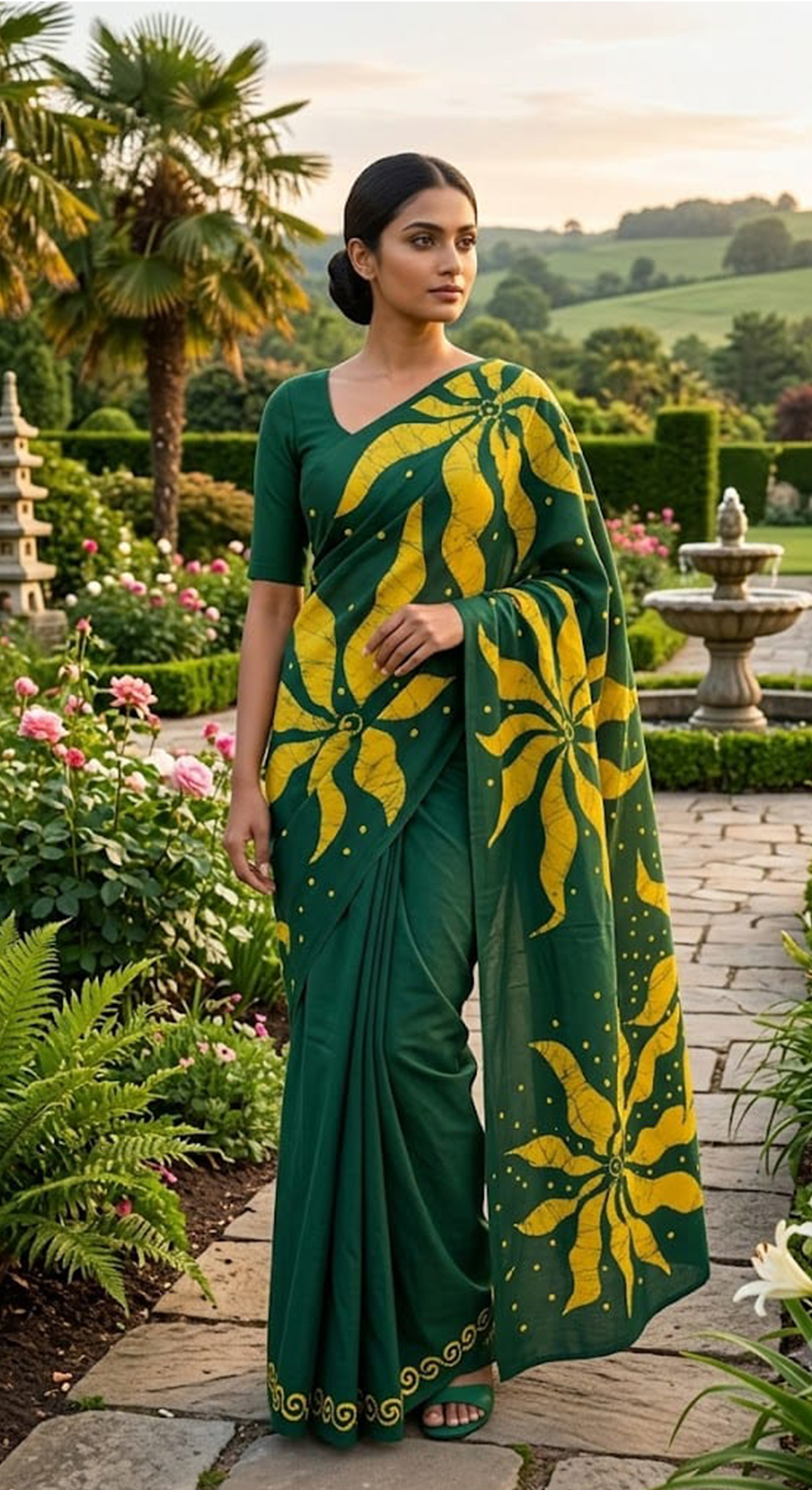 Green Saree With Yellow Flower Batik Saree
