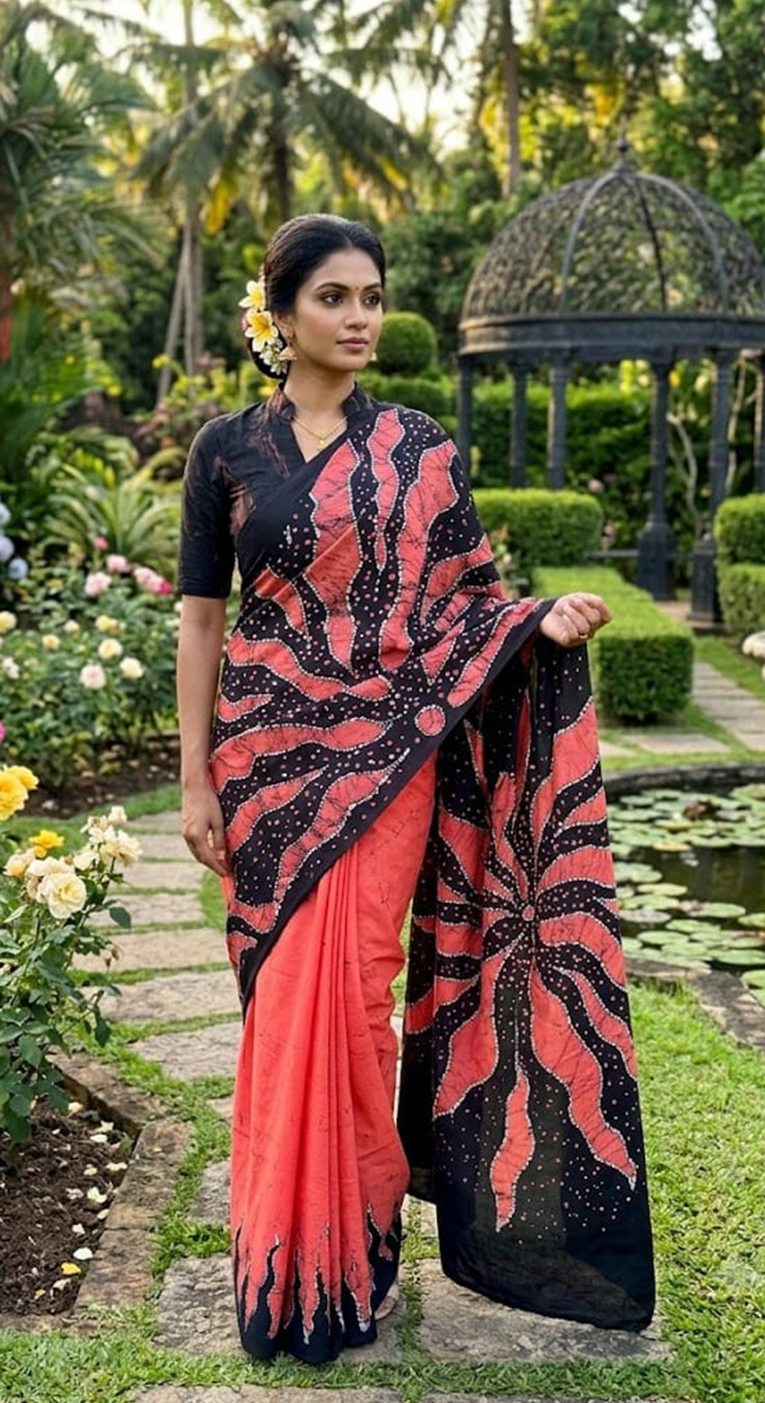 Black & Orange Flower Batik Saree