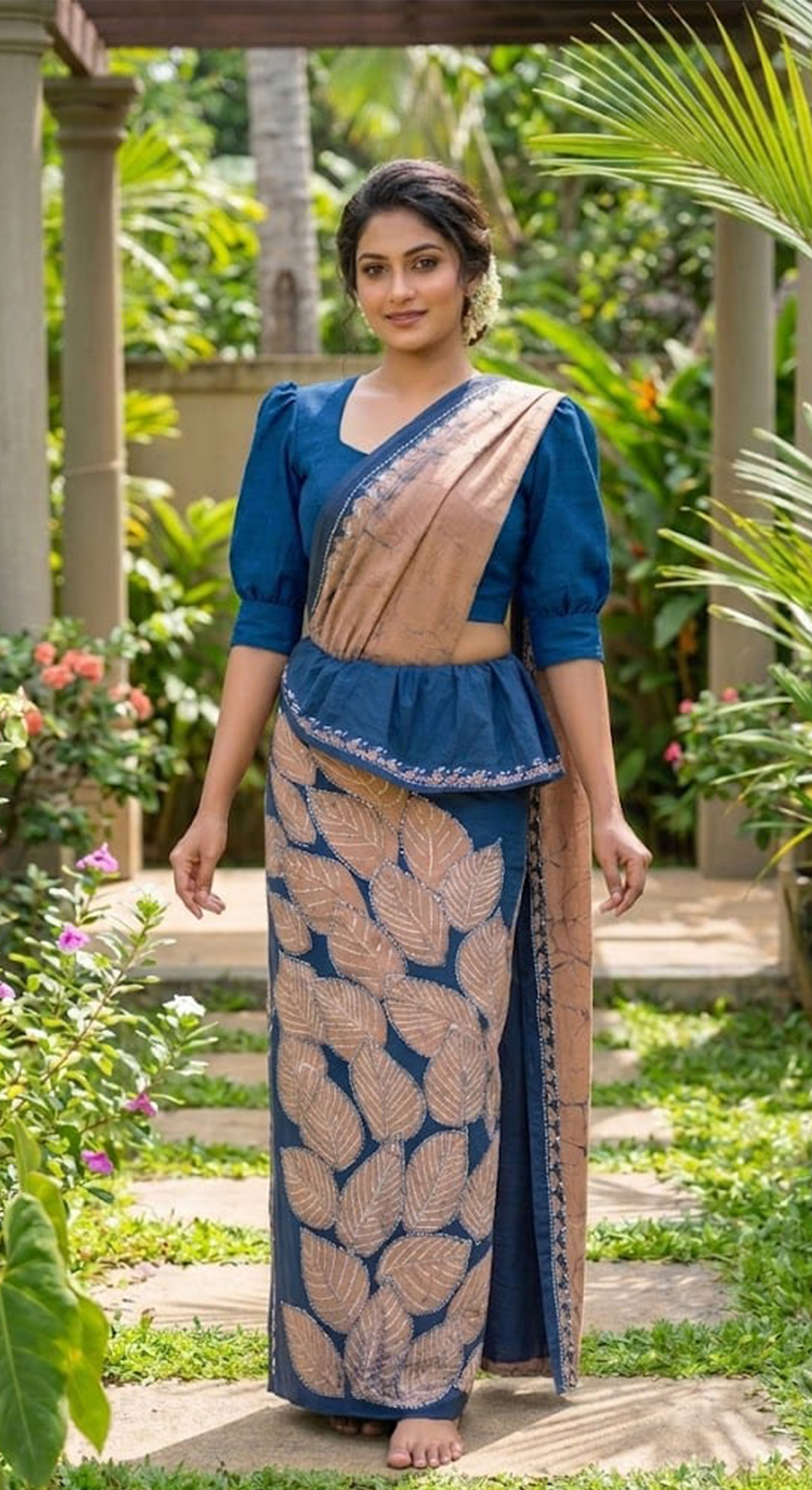 Three Color Saree Blue Beige White