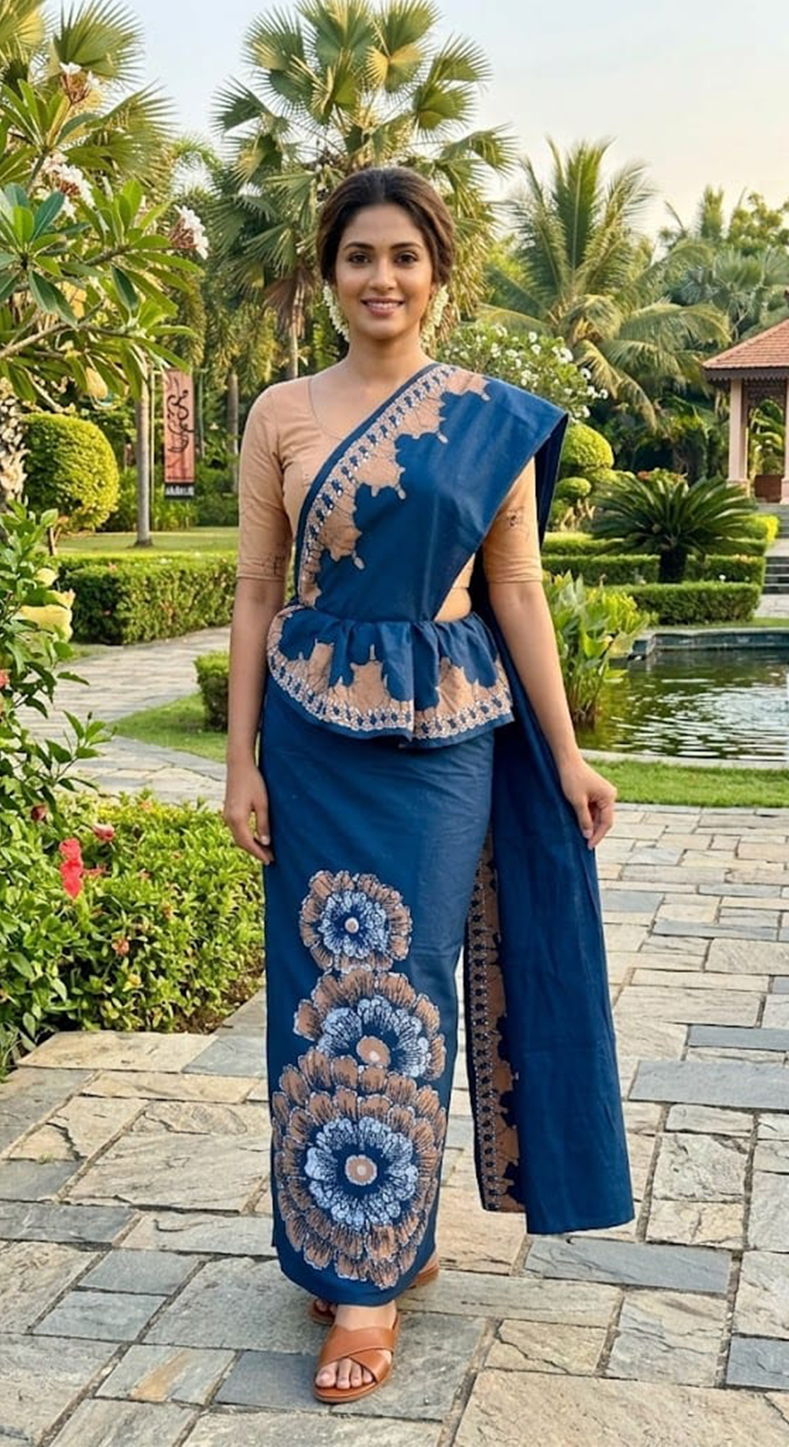 Three Color Saree Blue Beige White Flower Pattern