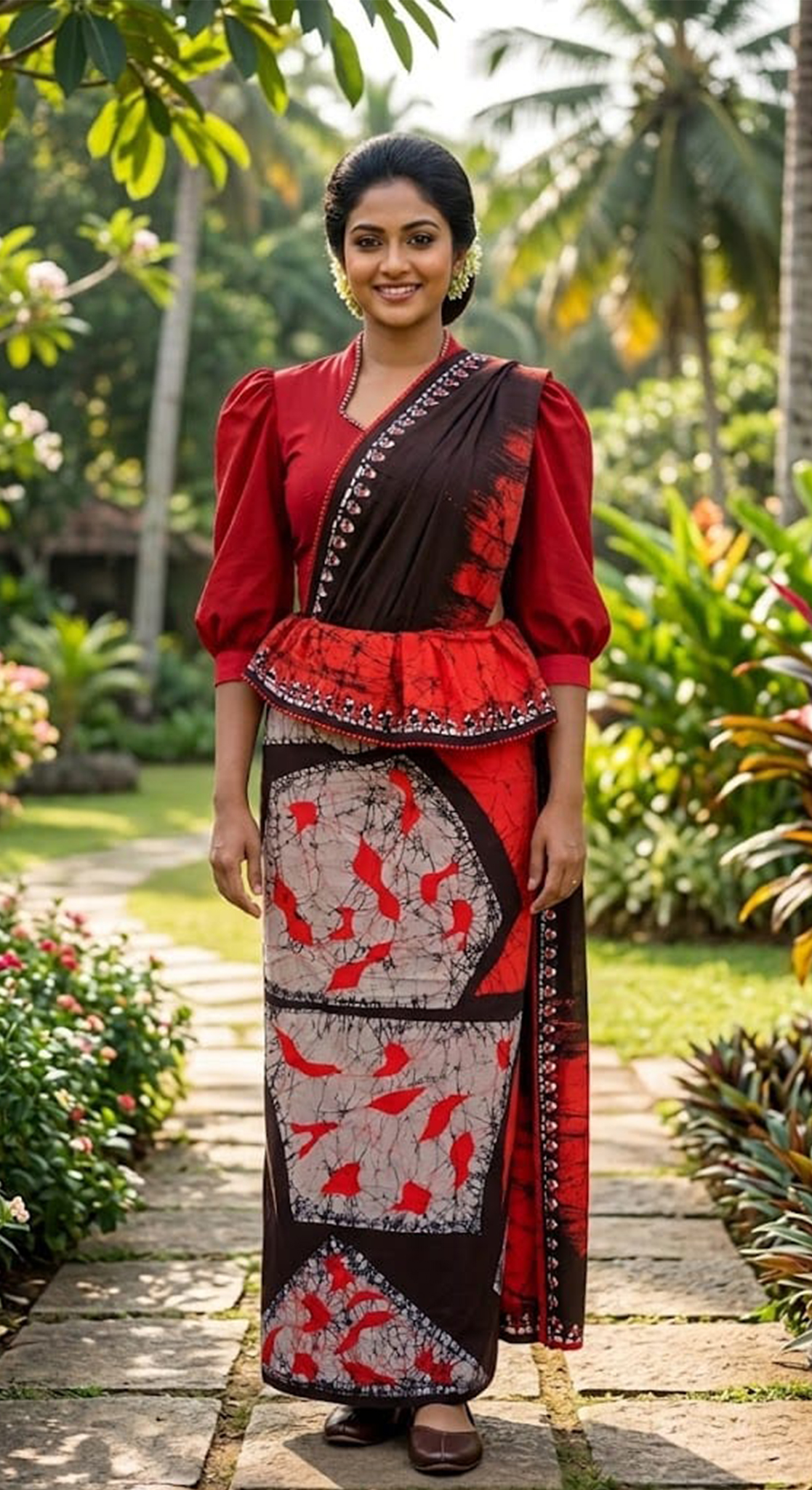 Three Color Saree Red Beige Maroon