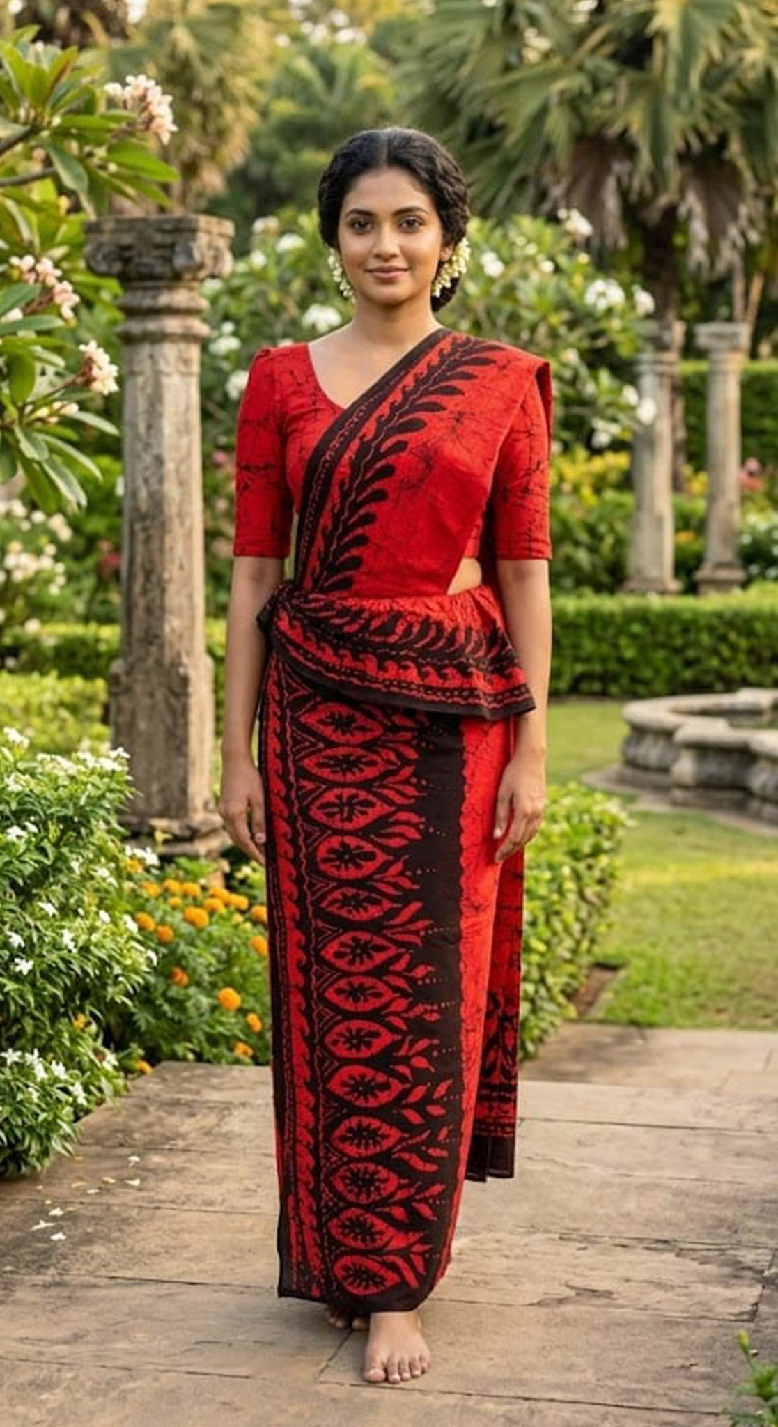 Two Color Saree Red & Maroon Leaf Pattern