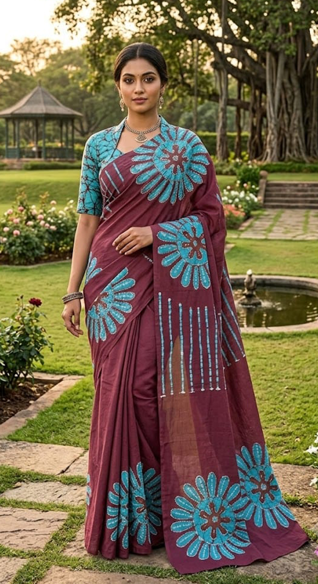 Three Color Saree Light Blue, Maroon & White