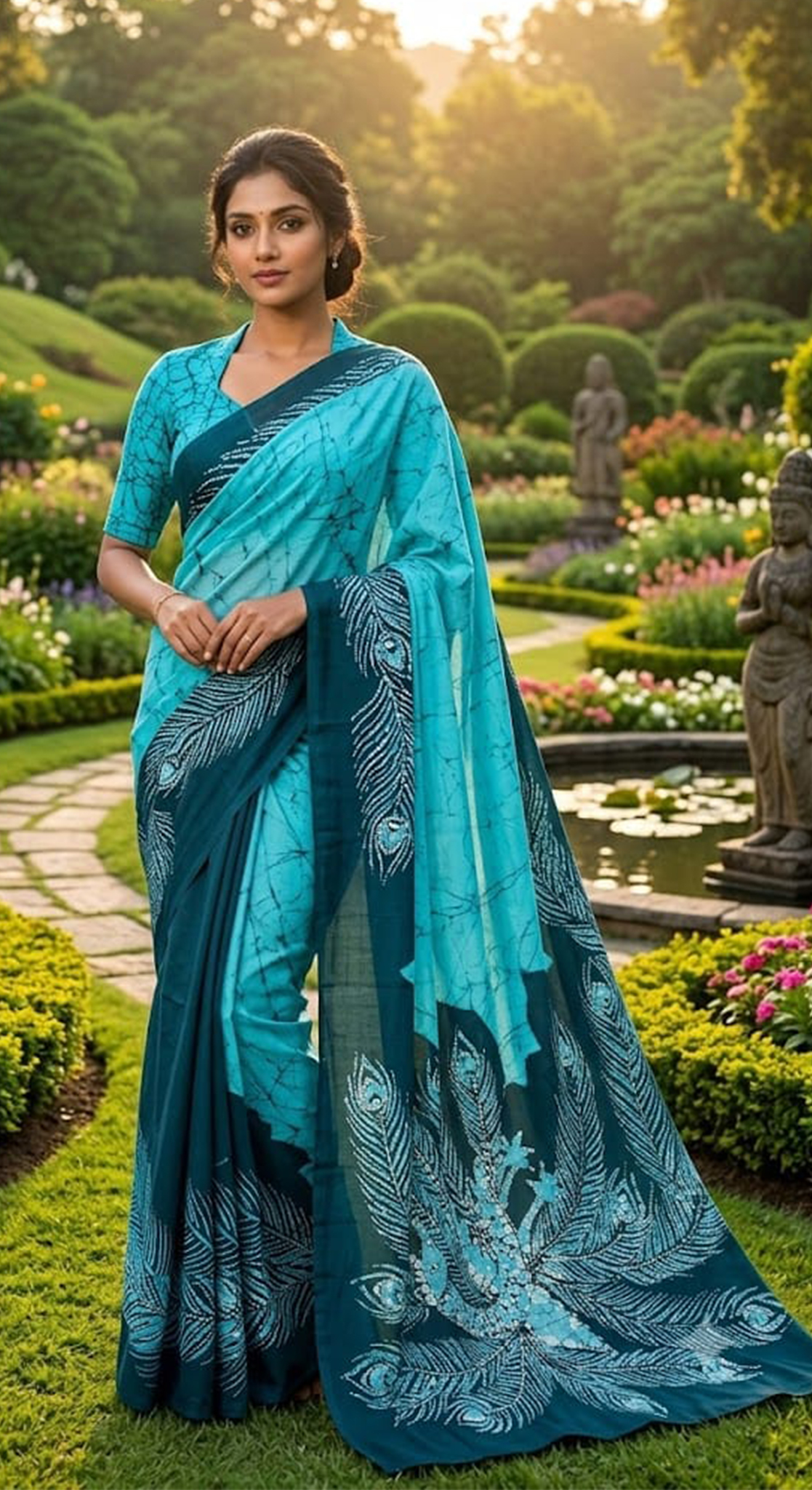 Three Color Saree Light Aqua Blue, Dark Aqua Blue & White