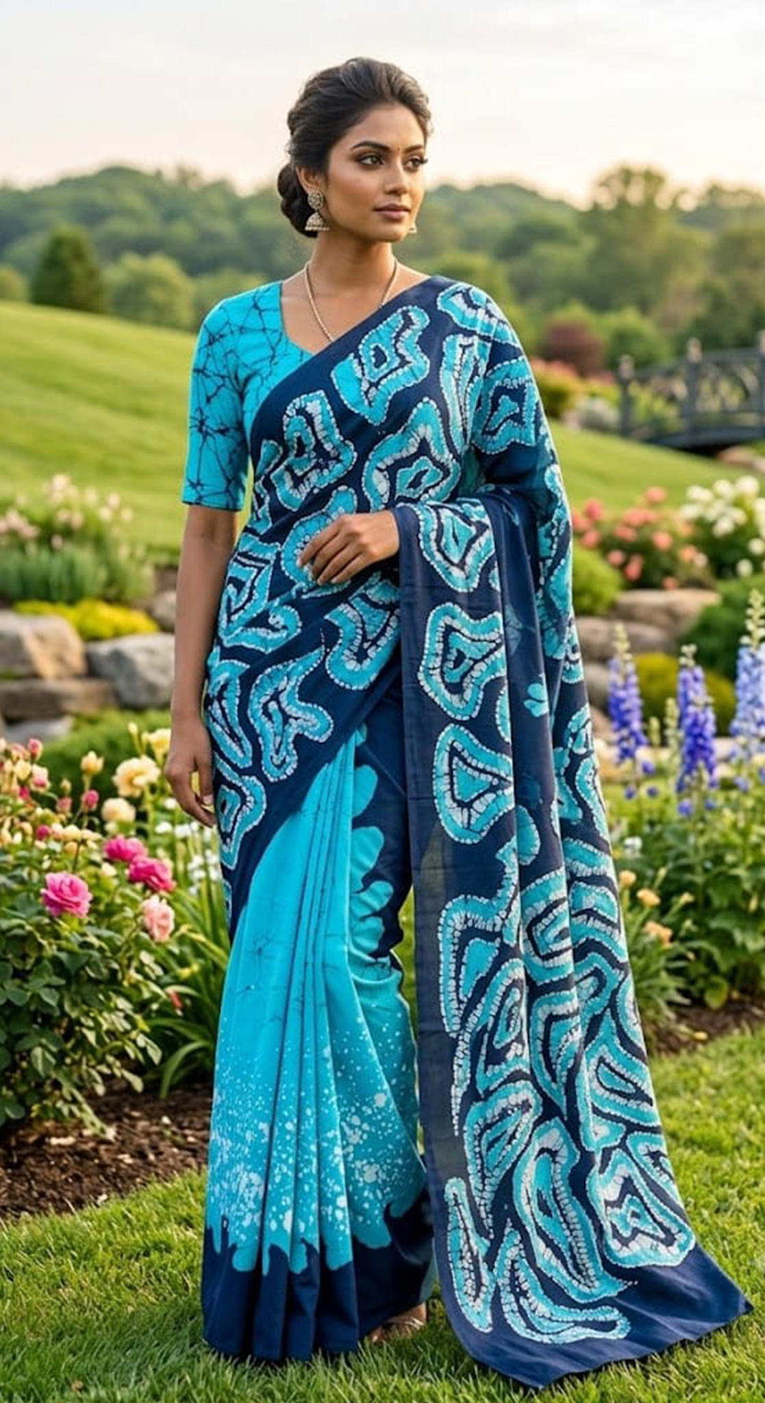 Three Color Saree Light Blue, Dark Blue & White Pattern