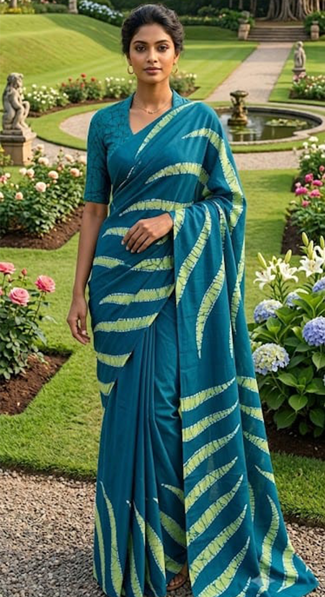 Three Color Saree Dark Green, Light Green & White Leaf Pattern