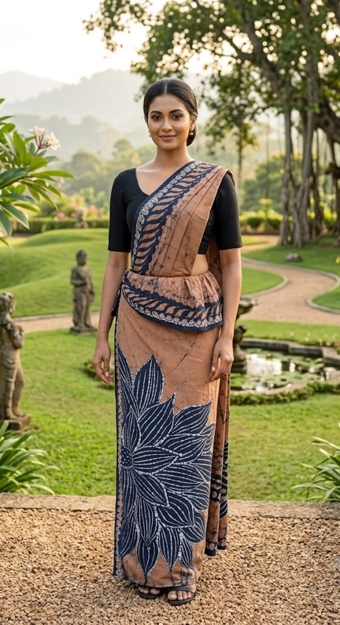 Three Color Saree Beige, Dark Blue & White
