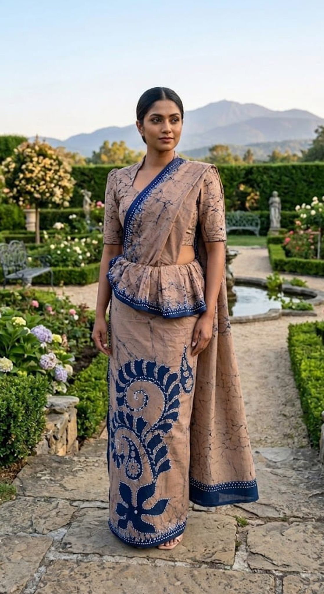 Three Color Saree Light Blue, Dark Blue & White Pattern
