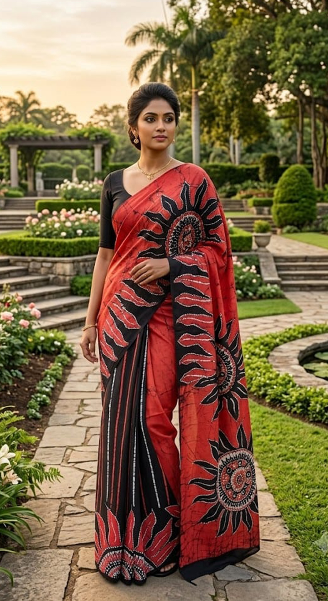 Three Color Saree Black, Red & White