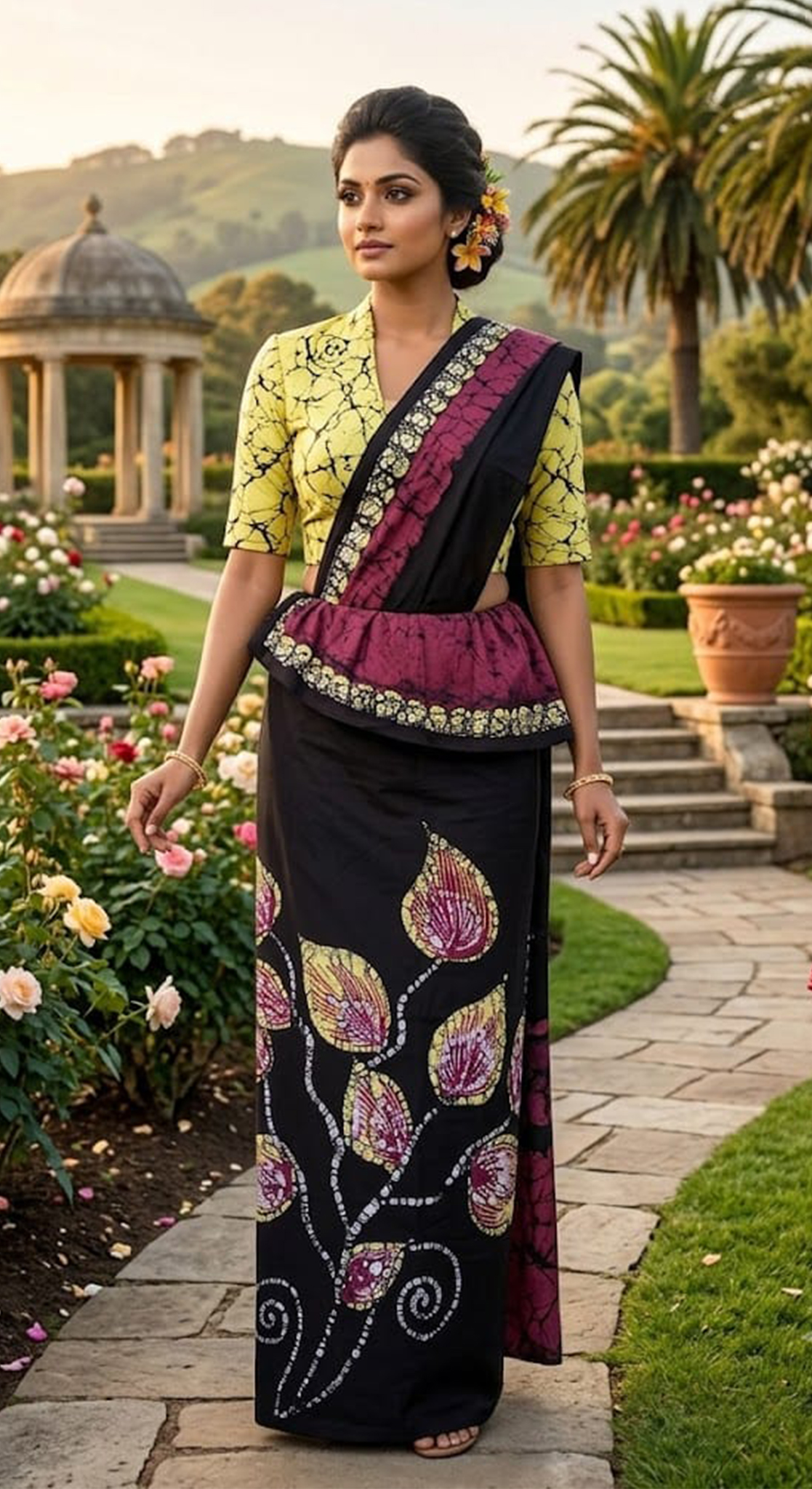 Three Color Saree Yellow, Purple & Black