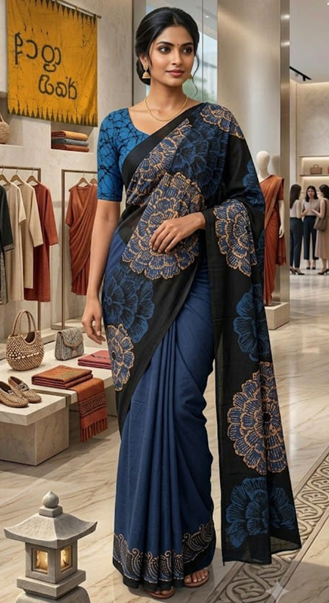 Three Color Saree Dark Blue, Aqua Blue & Beige