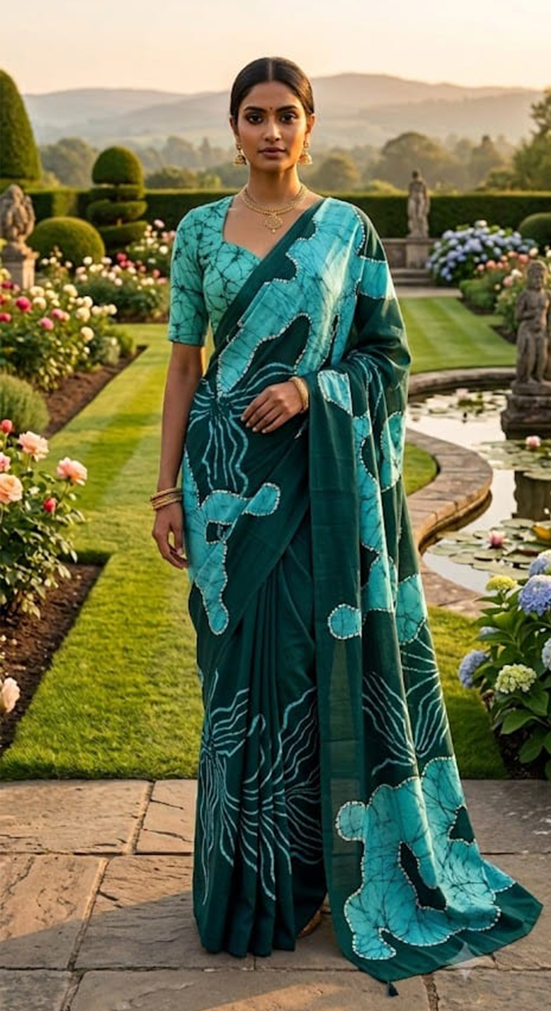 Three Color Saree Aqua Green, Dark Green & White