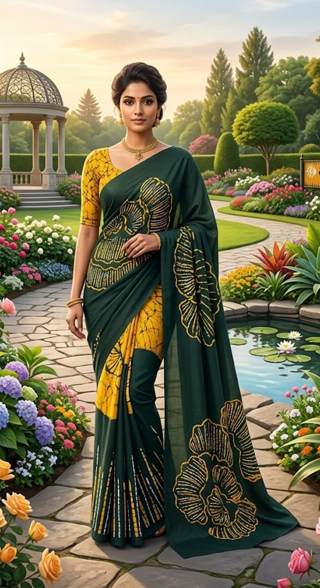 Three Color Saree Yellow, Dark Green & White