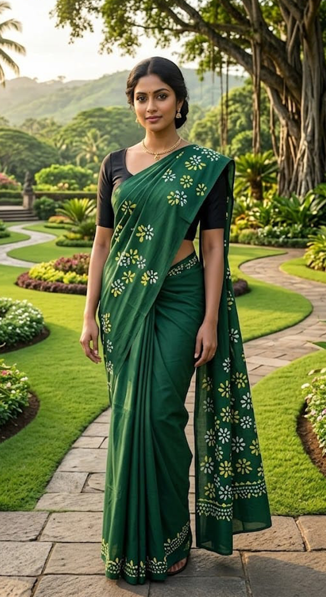 Three Color Saree Yellow, Green & White