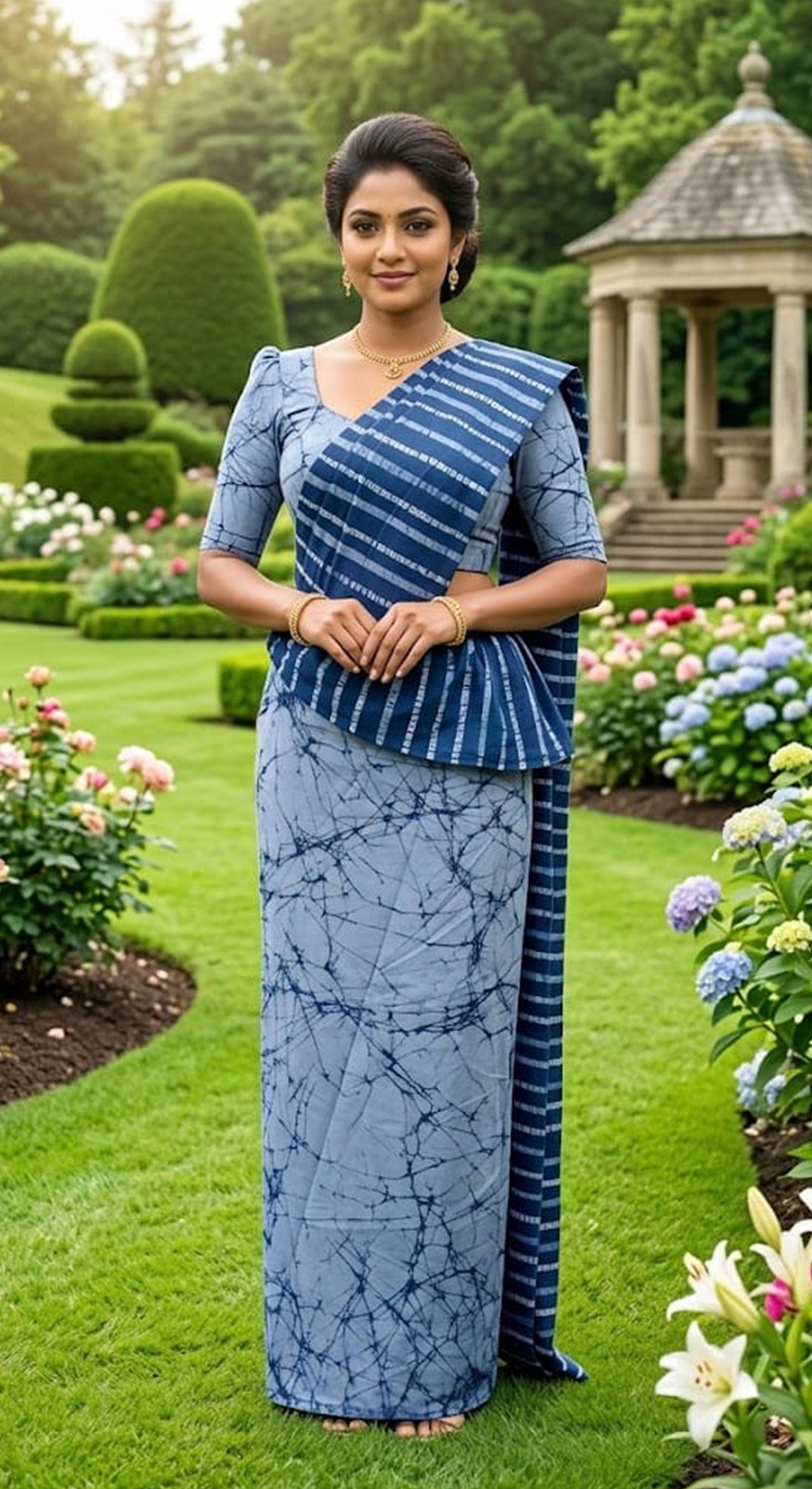 Three Color Saree Dark Blue, Water Blue & White