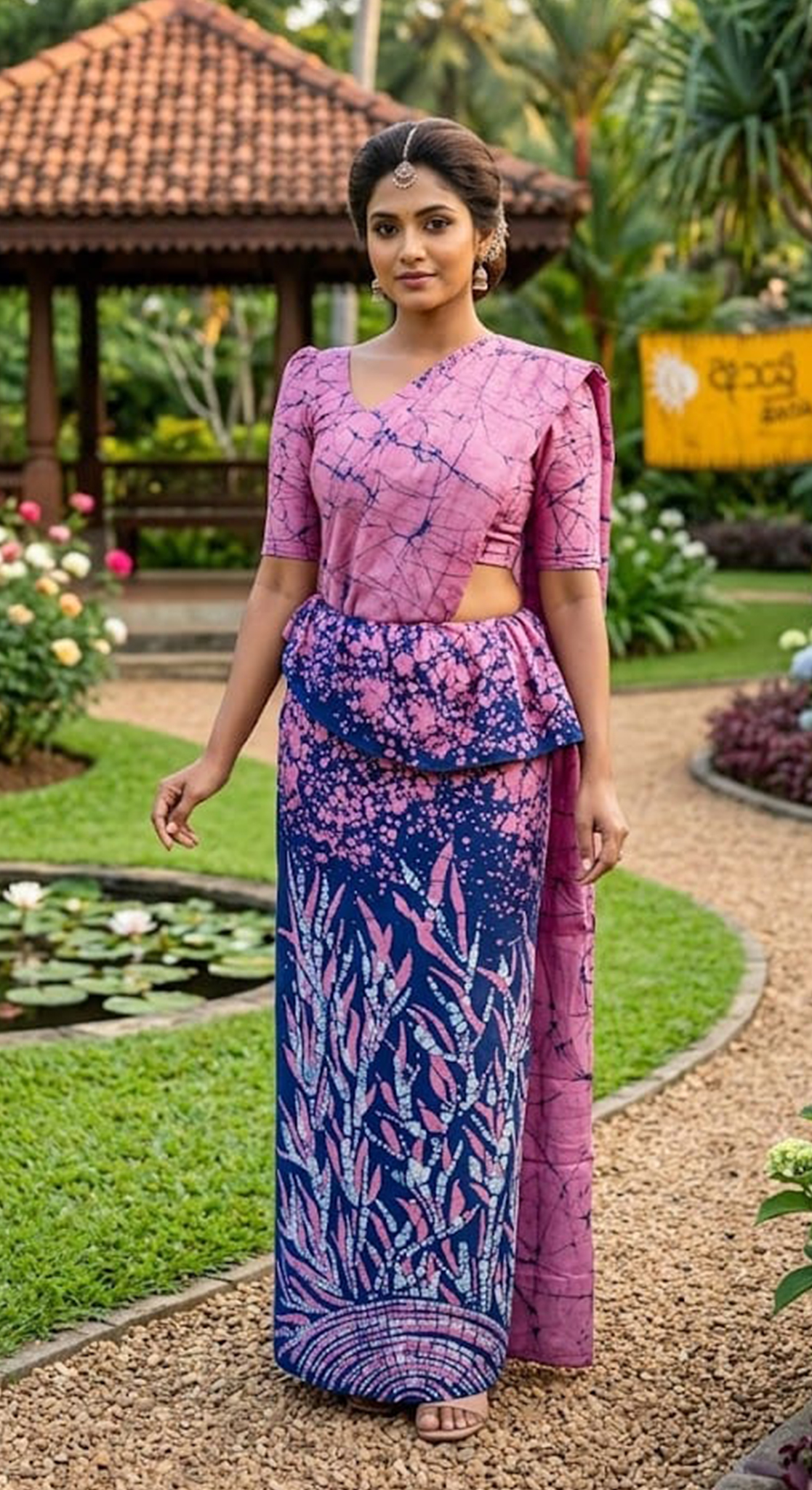 Three Color Pink, Dark Blue & White Leaf Pattern
