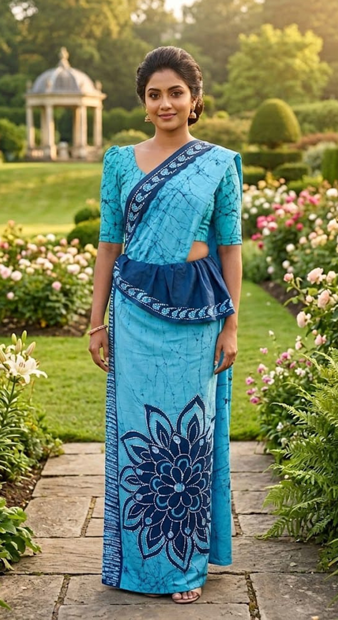 Three Color Saree Light Blue, Dark Blue & White Flower Pattern