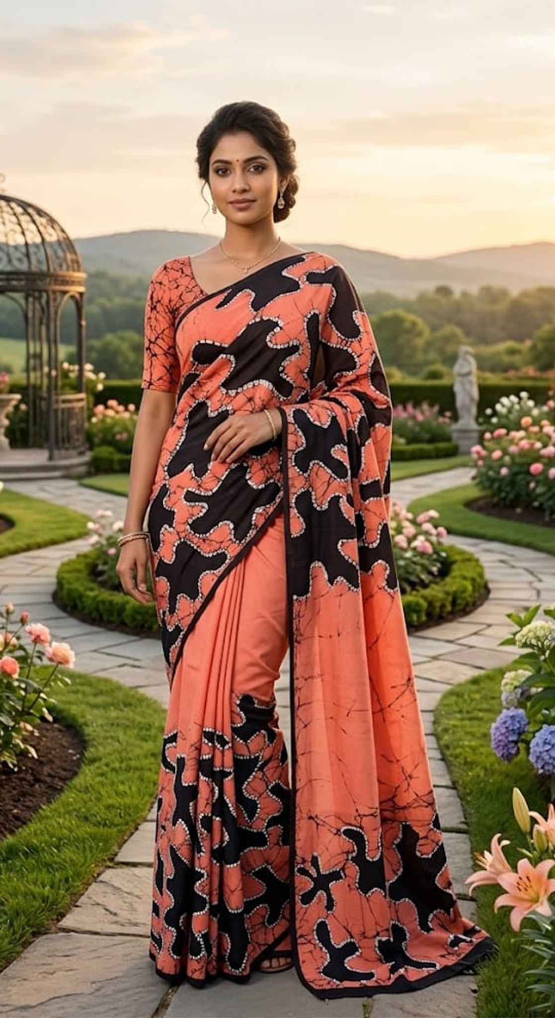 Three Color Saree Light Orange, Black & White