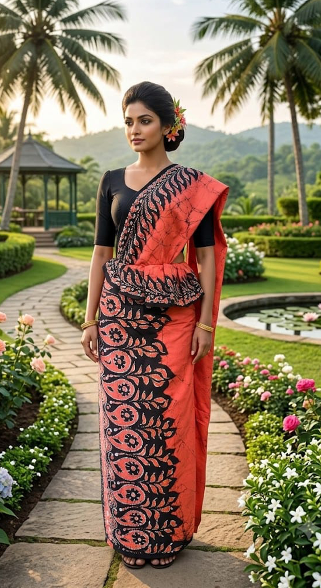 Three Color Saree Light Orange, Black & White Leaf Pattern
