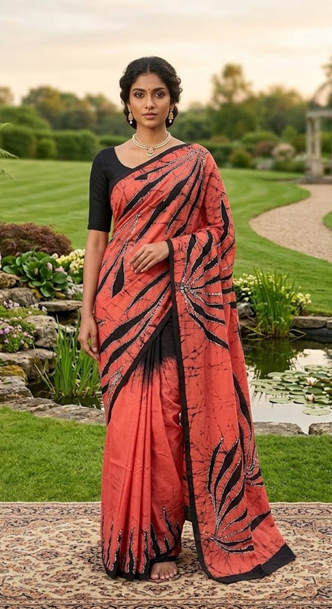 Three Color Saree Light Orange, Black & White Pattern
