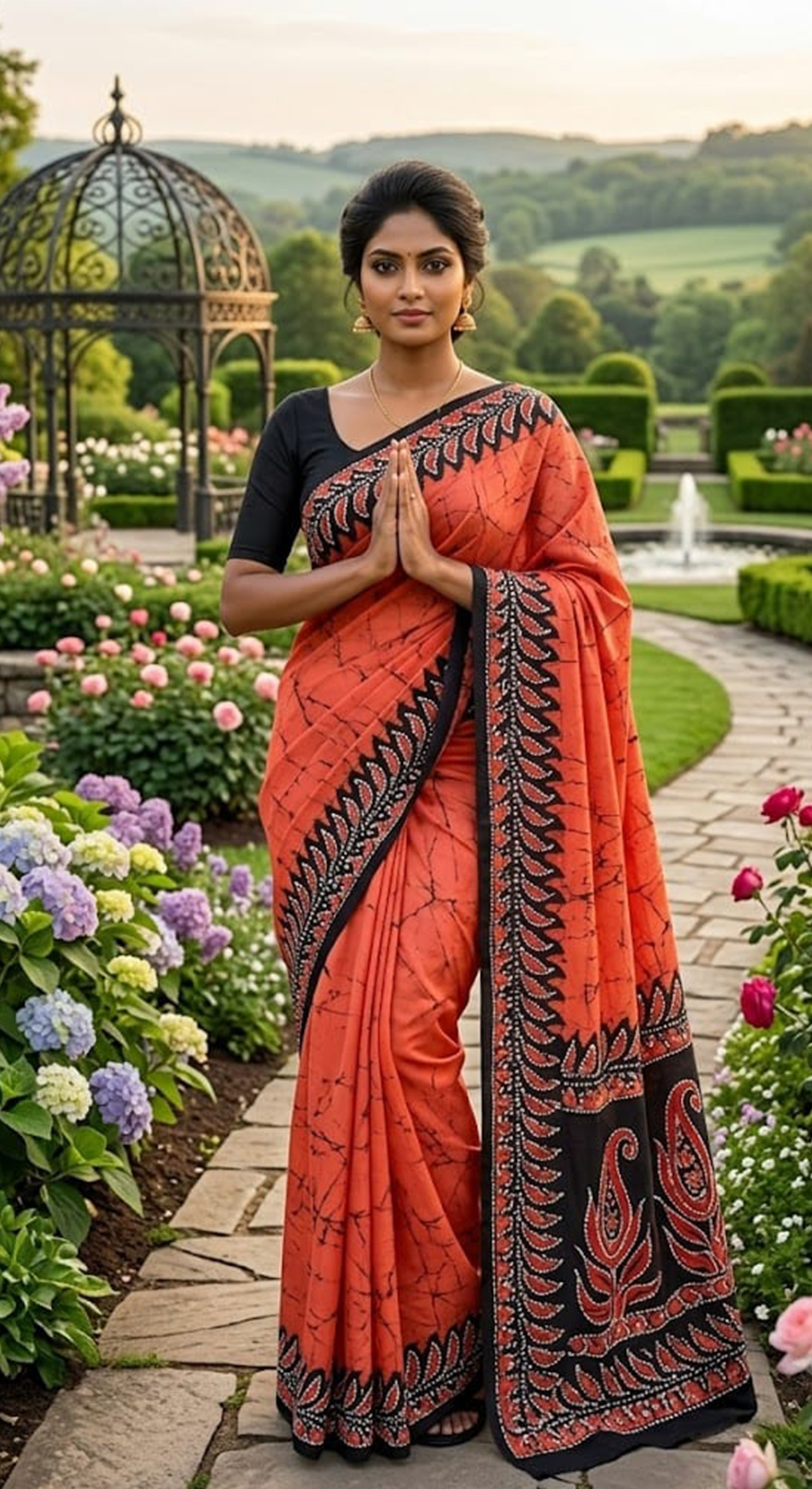 Three Color Saree Light Orange, Black & White Border Pattern