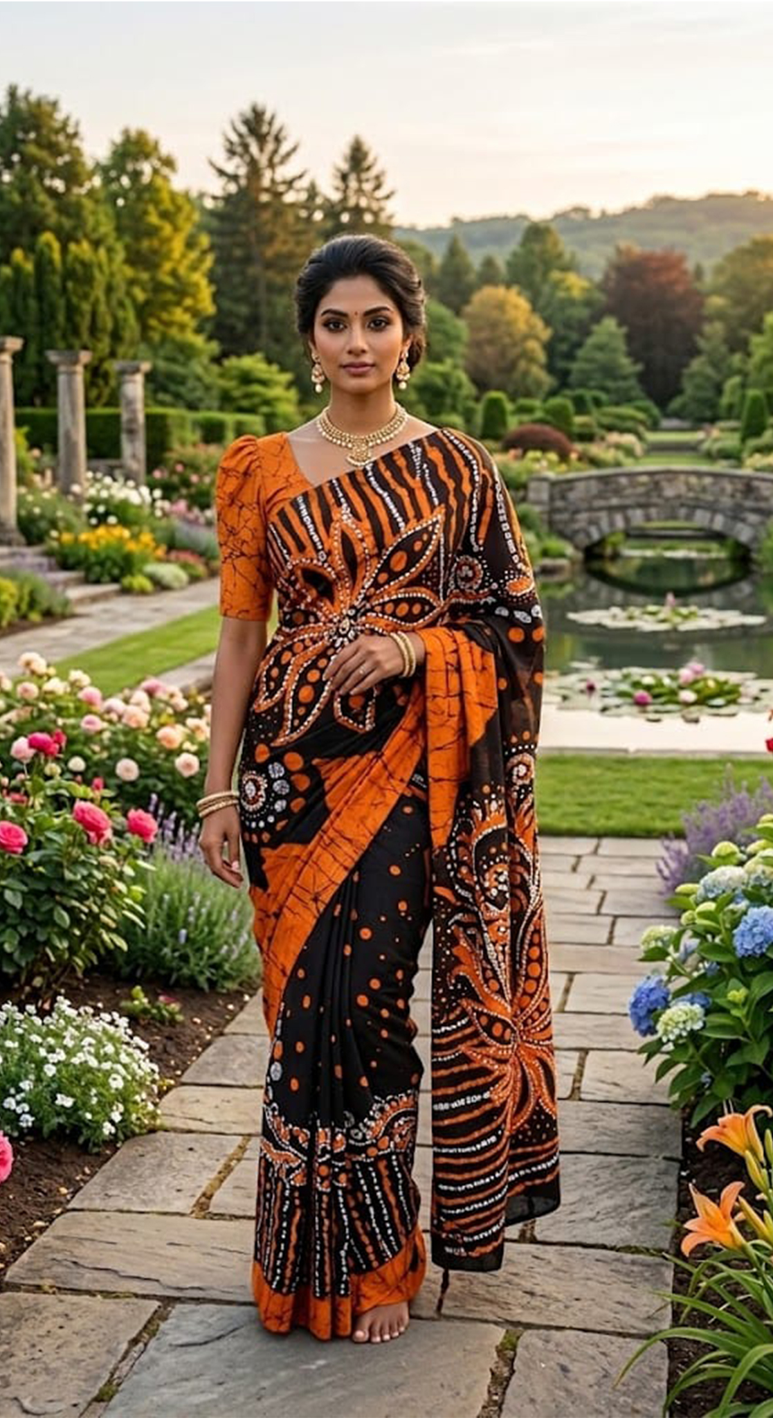 Three Color Saree Orange, Black & White Pattern