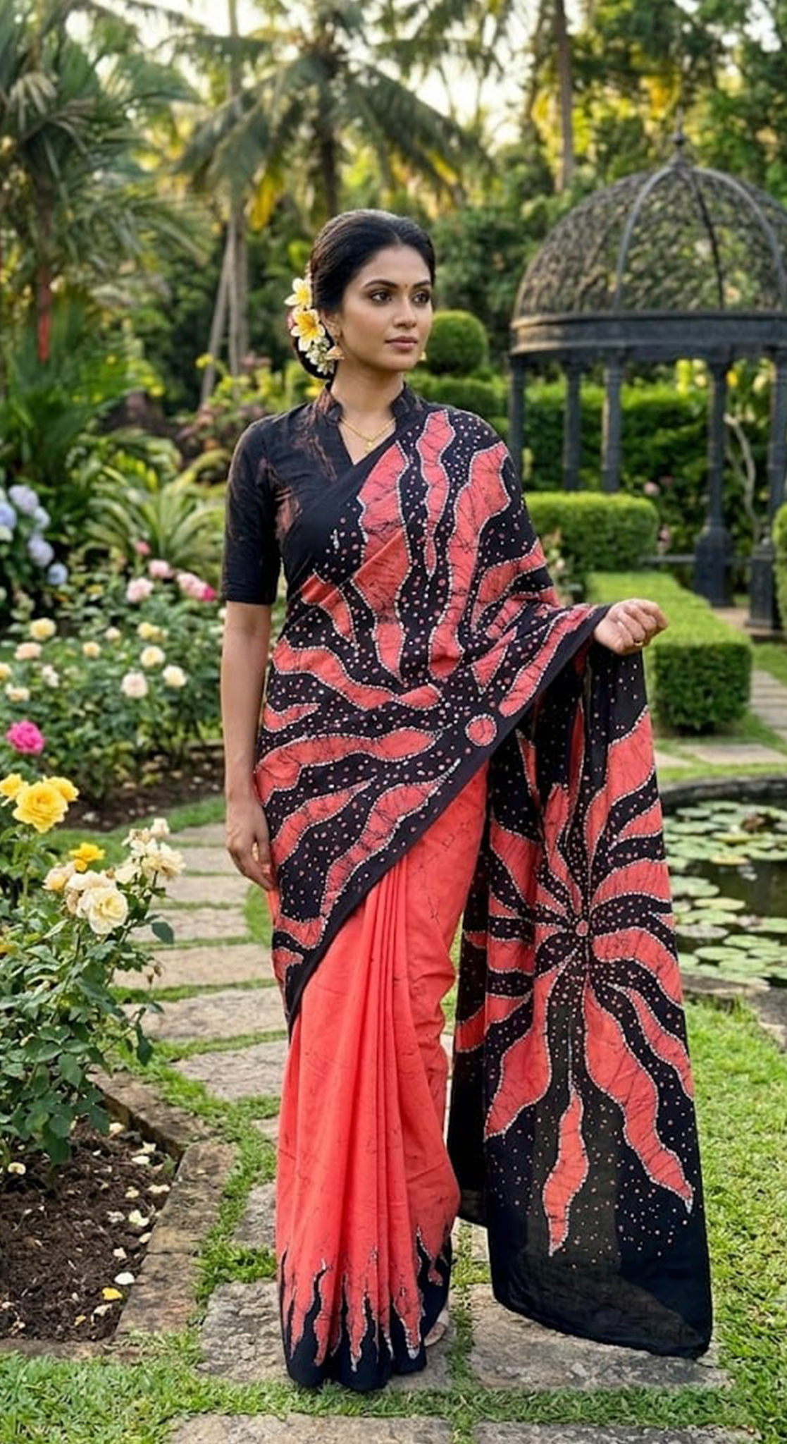 Three Color Saree Pink, Black & White Dot Pattern