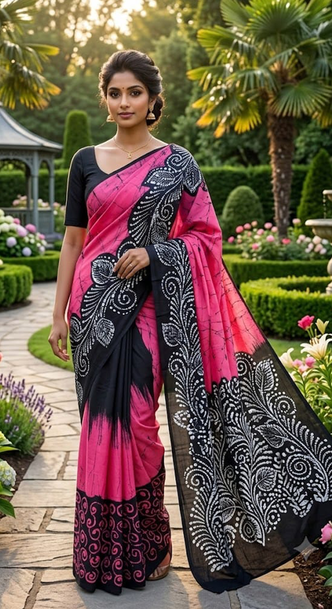 Three Color Saree Pink, Black & White Leaf Pattern