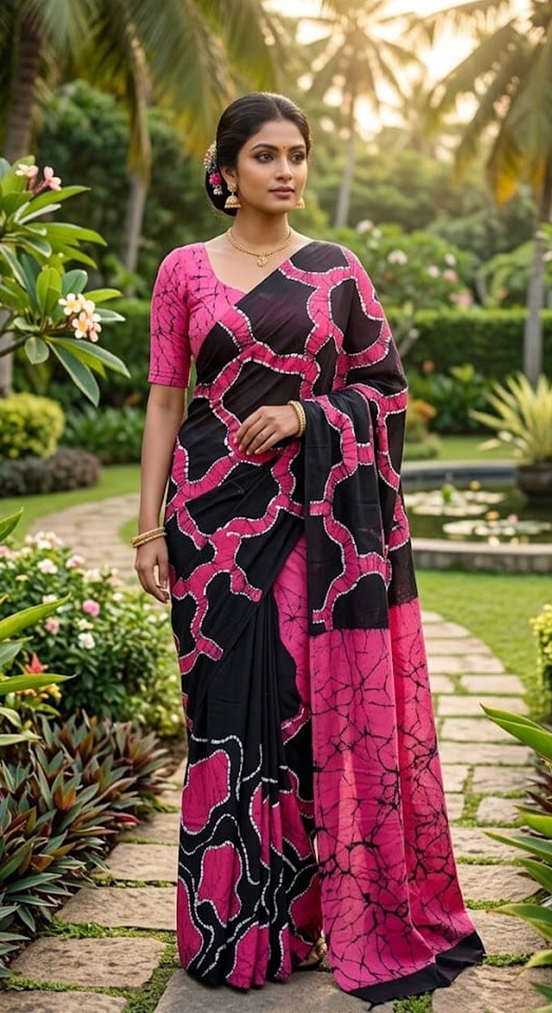 Three Color Saree Pink, Black & White Border Pattern