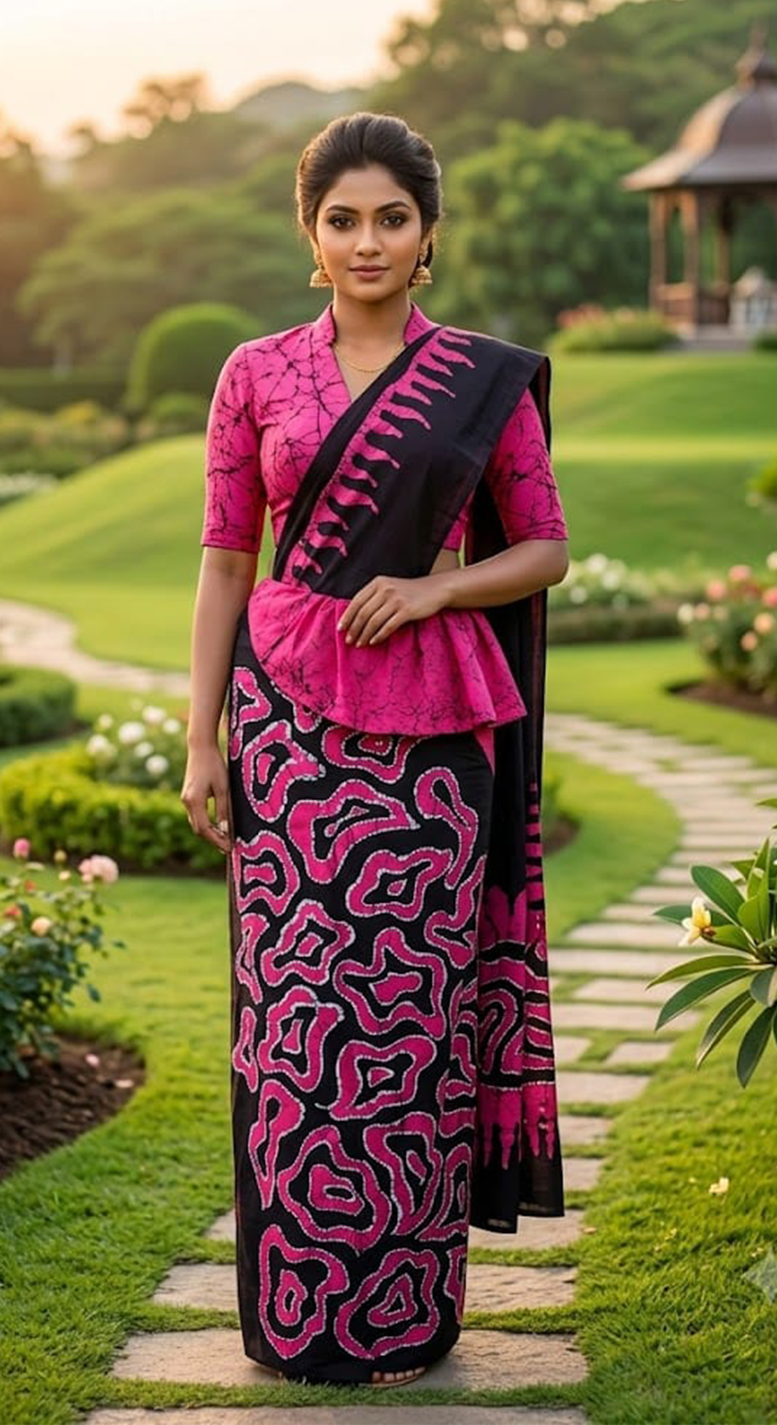 Three Color Saree Pink, Black & White Spot Pattern