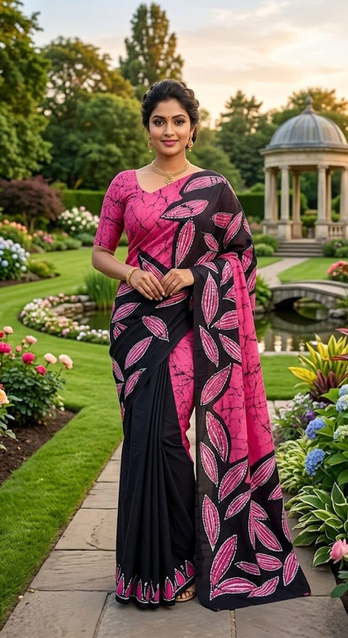 Three Color Saree Pink, Black & White Leaf Pattern