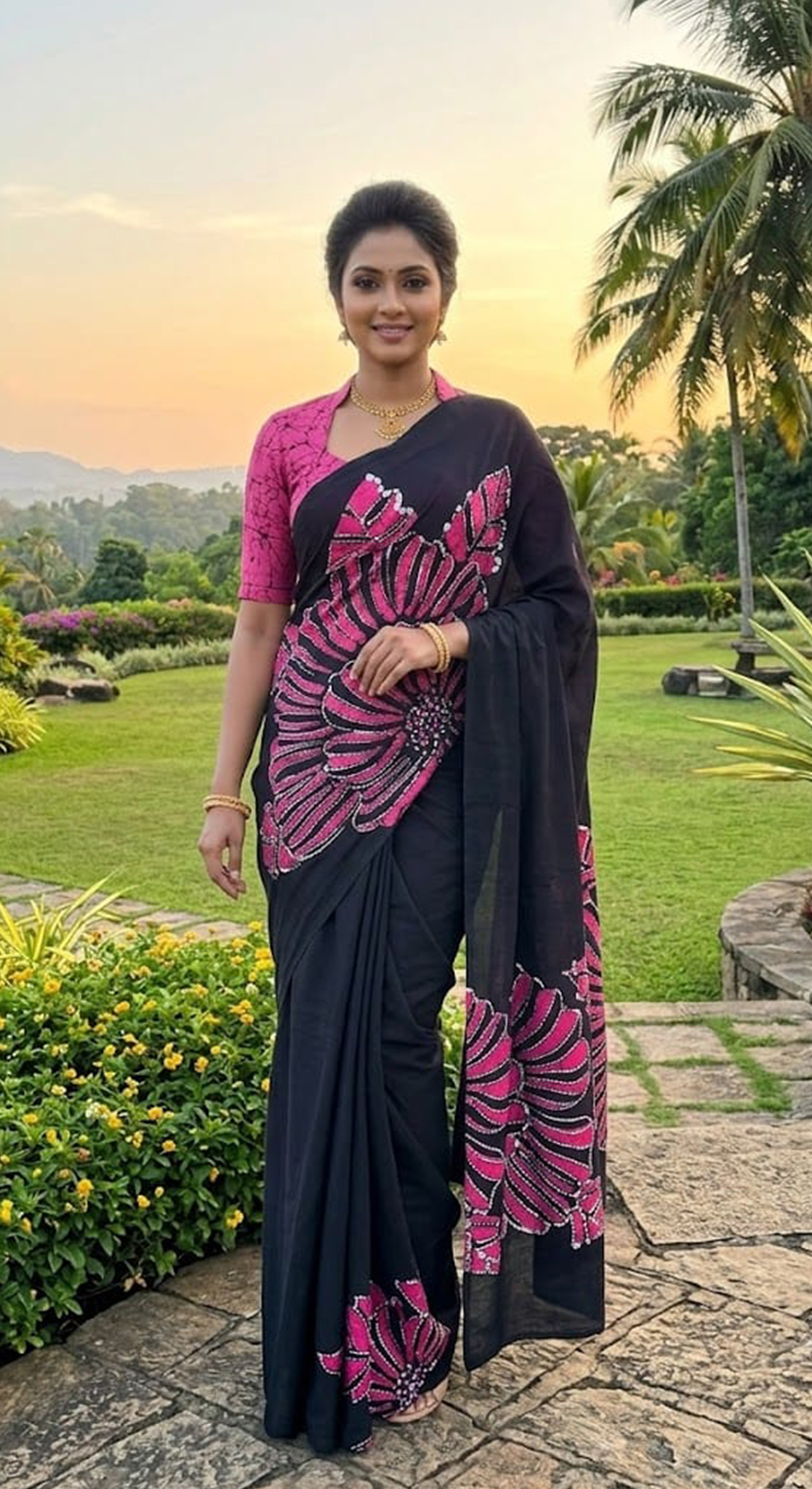 Three Color Saree Pink, Black & White Flower Pattern