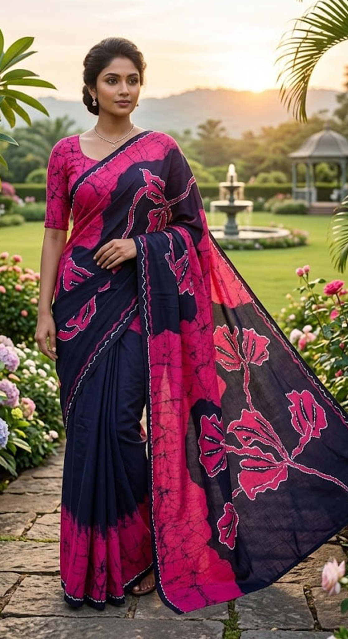 Three Color Saree Pink, Black & White Full Flower Pattern