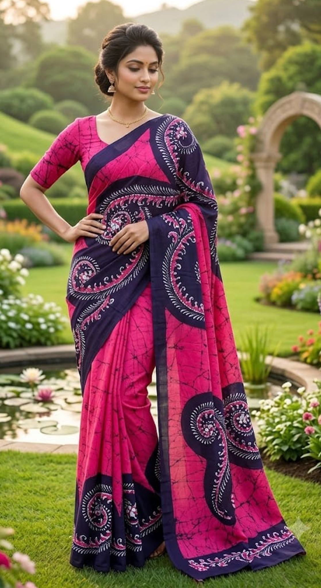 Three Color Saree Pink, Dark Blue & White Pattern