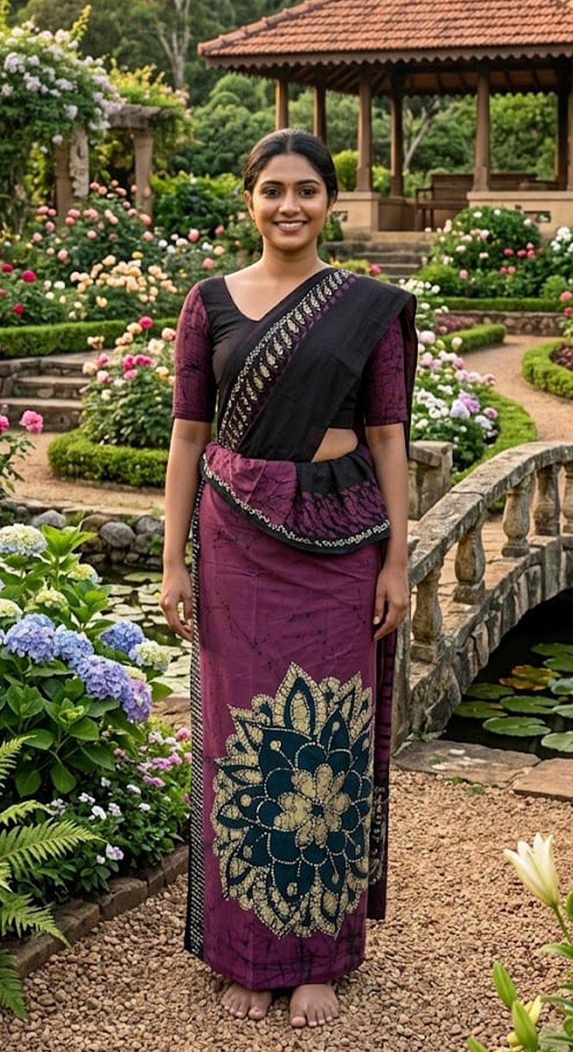 Three Color Saree Dark Purple, Black & Beige